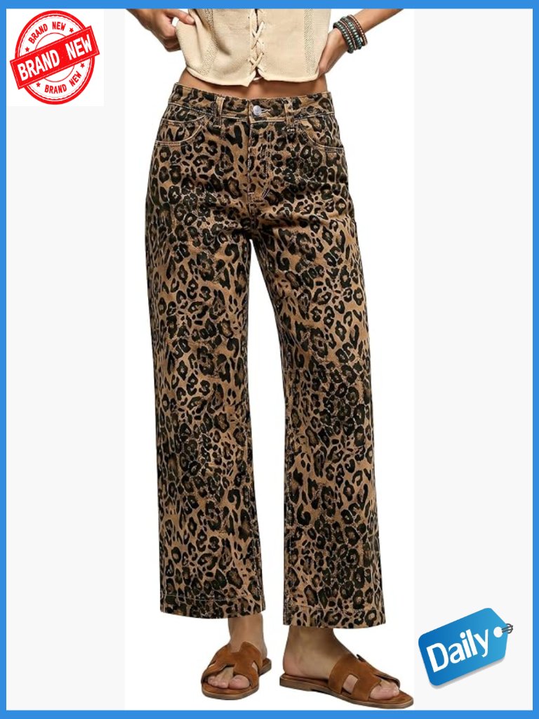 Wide Leg High Waisted Leopard Print Jeans With Pockets